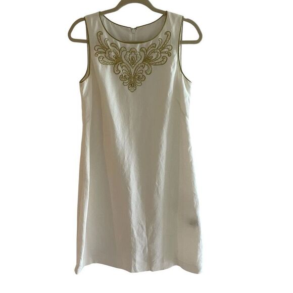 White Gold Beaded Embroidered Linen Blend Dress Women’s Size Small Sleeveless - Picture 1 of 5